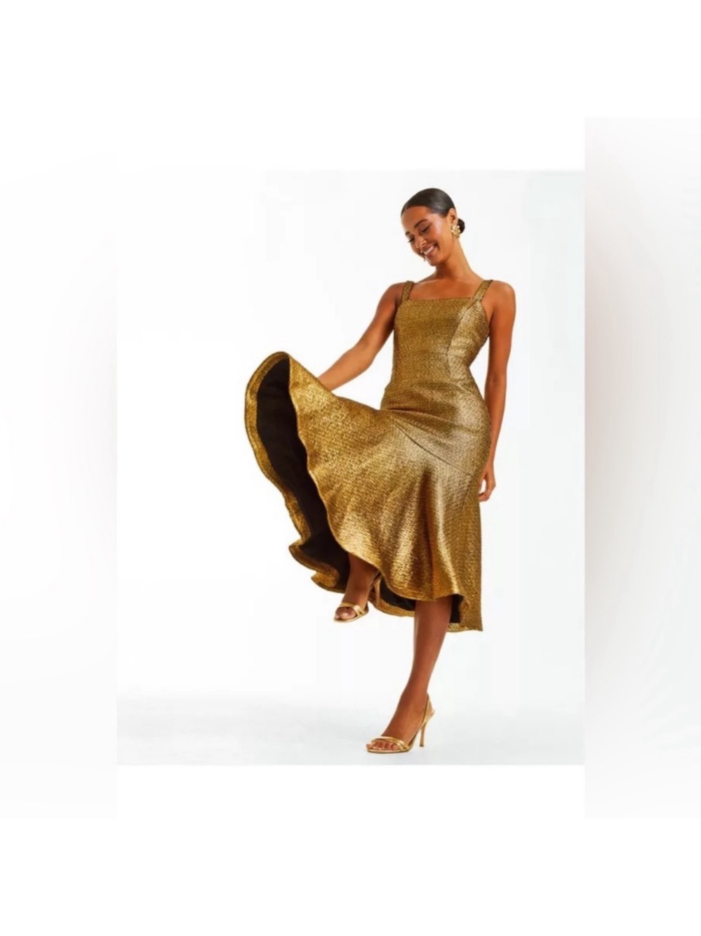Mestiva New York Jody Metallic Gold Tweed Midi Dress
